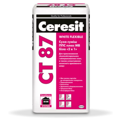 Суха суміш ППС плюс МВ біла «2 в 1» для приклеювання пінополістирольних і мінераловатних плит CERESIT CT 87 WHITE FLEXIBLE 
